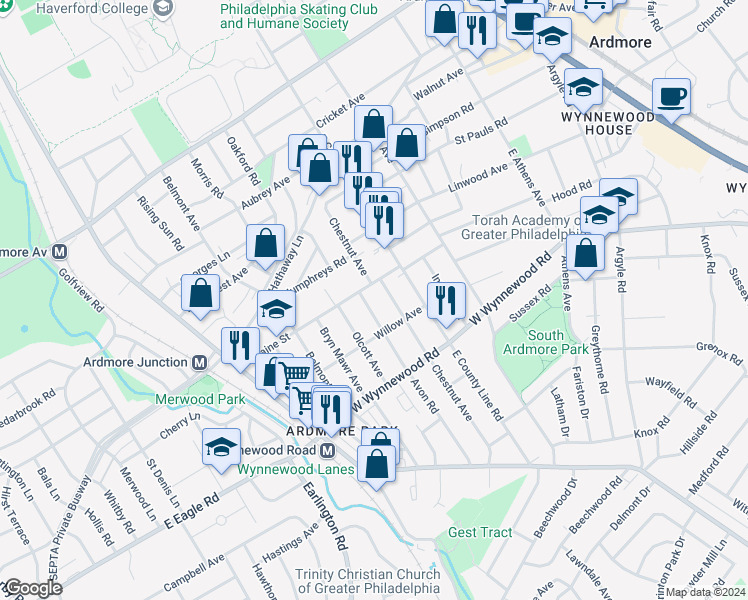 map of restaurants, bars, coffee shops, grocery stores, and more near 2529 Avon Road in Ardmore