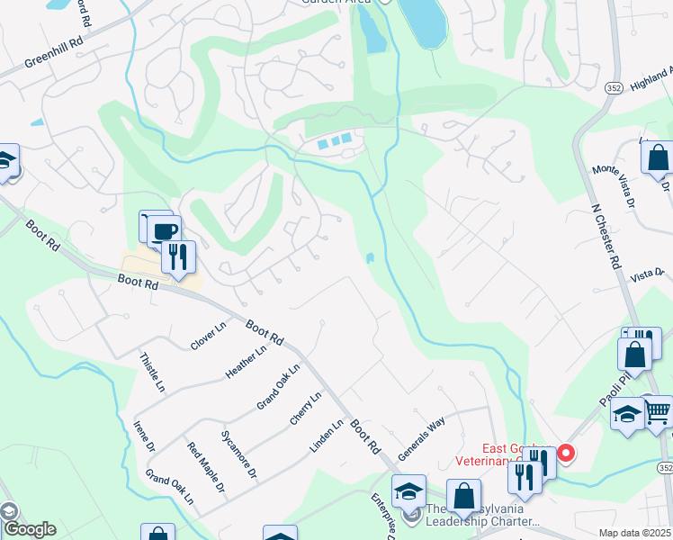 map of restaurants, bars, coffee shops, grocery stores, and more near 1525 Meadowbrook Lane in West Chester