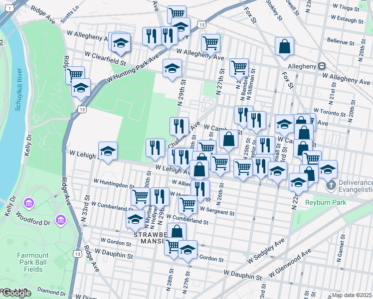 map of restaurants, bars, coffee shops, grocery stores, and more near 2761 North Newkirk Street in Philadelphia