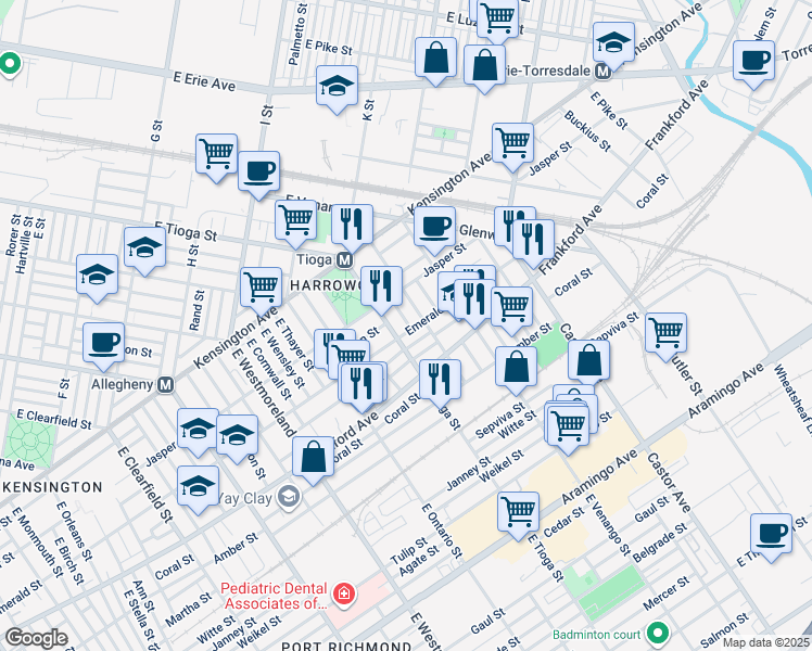 map of restaurants, bars, coffee shops, grocery stores, and more near 1946 Clarence Street in Philadelphia