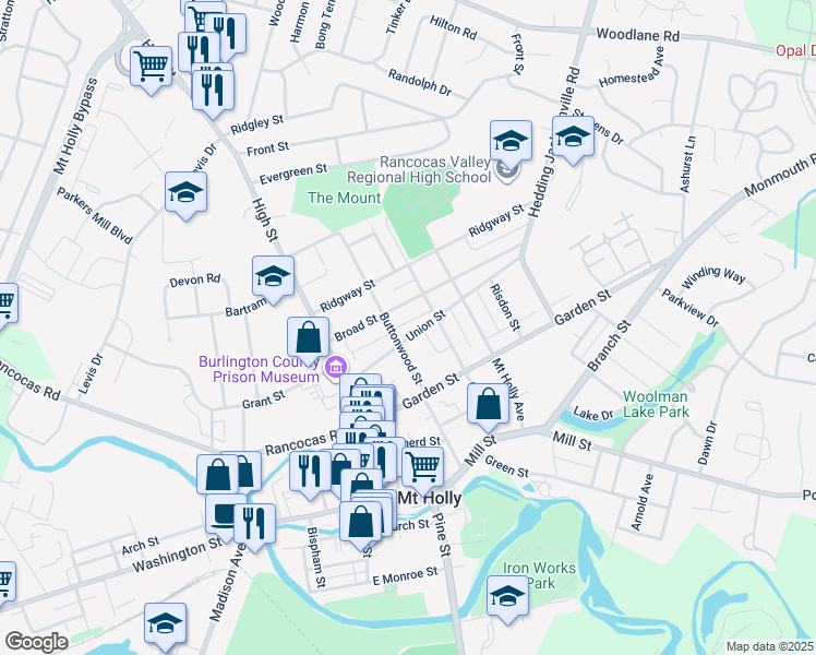 map of restaurants, bars, coffee shops, grocery stores, and more near 113 Union Street in Mount Holly