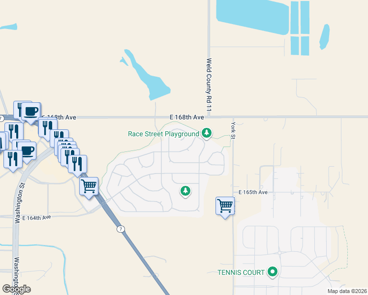 map of restaurants, bars, coffee shops, grocery stores, and more near 16731 Race Court in Brighton