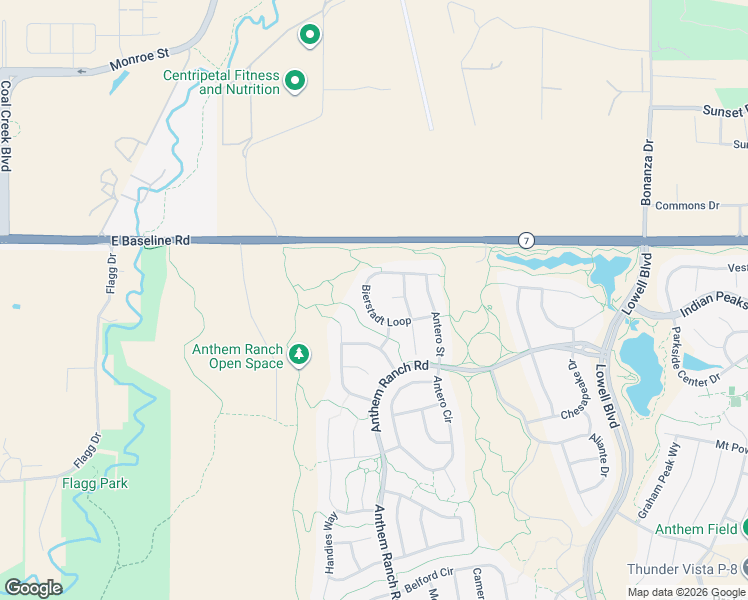 map of restaurants, bars, coffee shops, grocery stores, and more near 4894 Bierstadt Loop in Broomfield
