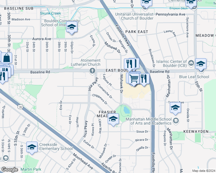 map of restaurants, bars, coffee shops, grocery stores, and more near 4475 Laguna Place in Boulder