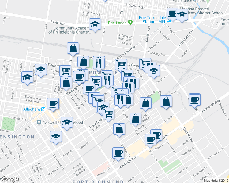 map of restaurants, bars, coffee shops, grocery stores, and more near 1923 East Atlantic Street in Philadelphia