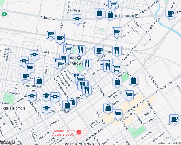 map of restaurants, bars, coffee shops, grocery stores, and more near 1863 East Tioga Street in Philadelphia
