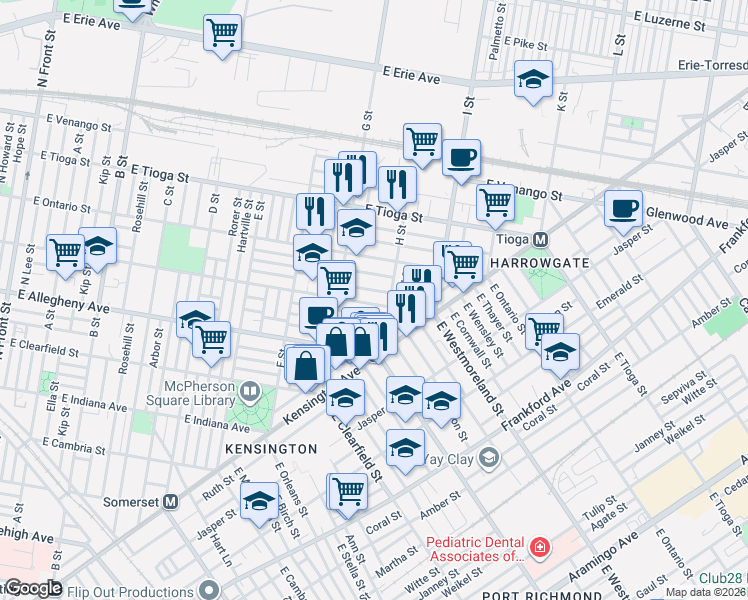 map of restaurants, bars, coffee shops, grocery stores, and more near 822 East Thayer Street in Philadelphia