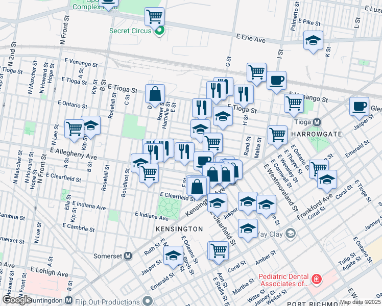 map of restaurants, bars, coffee shops, grocery stores, and more near 664 East Cornwall Street in Philadelphia