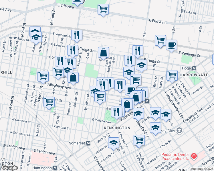 map of restaurants, bars, coffee shops, grocery stores, and more near 501 East Westmoreland Street in Philadelphia