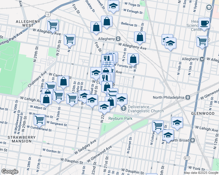 map of restaurants, bars, coffee shops, grocery stores, and more near 2913 North 22nd Street in Philadelphia