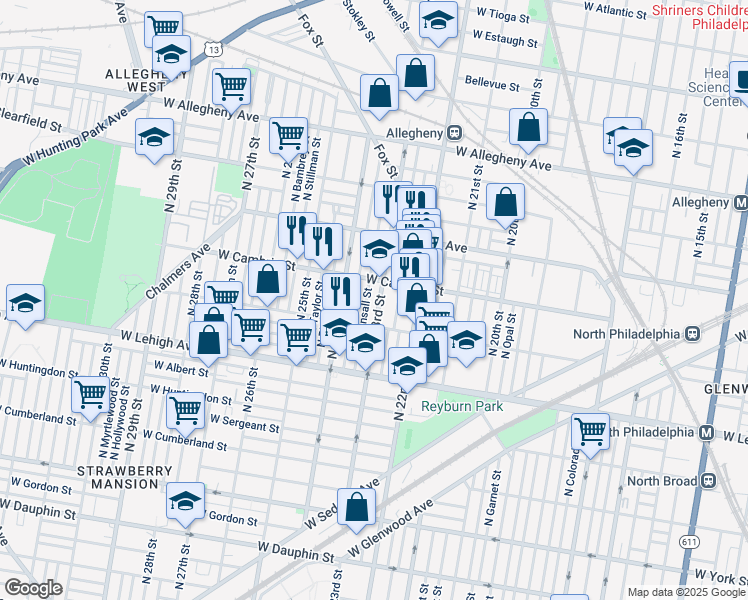 map of restaurants, bars, coffee shops, grocery stores, and more near 2863 North Judson Street in Philadelphia