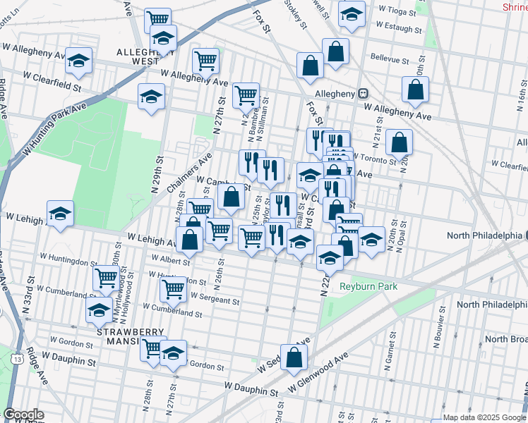 map of restaurants, bars, coffee shops, grocery stores, and more near 2861 North Taylor Street in Philadelphia