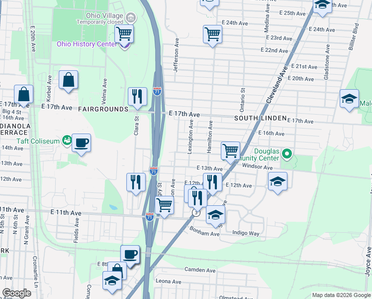 map of restaurants, bars, coffee shops, grocery stores, and more near 968 East 15th Avenue in Columbus