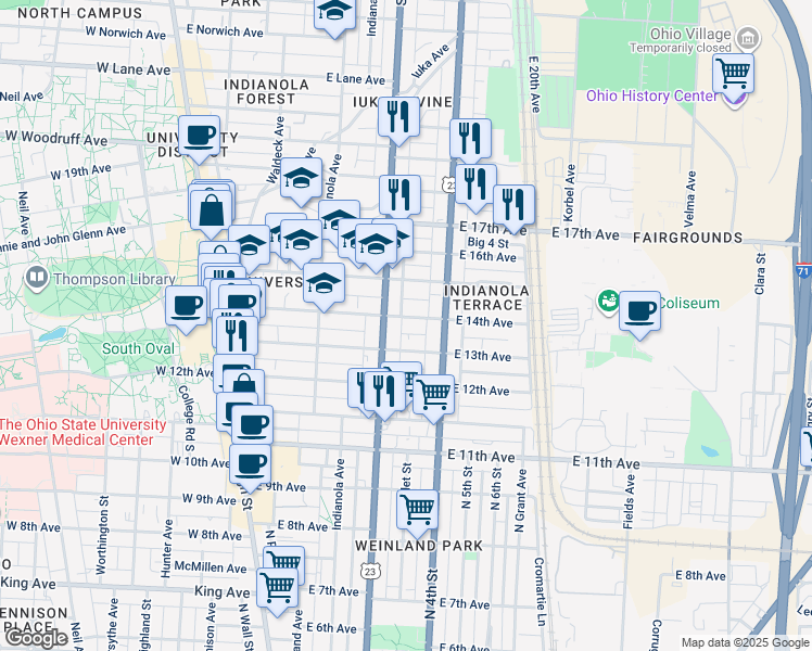 map of restaurants, bars, coffee shops, grocery stores, and more near in Columbus