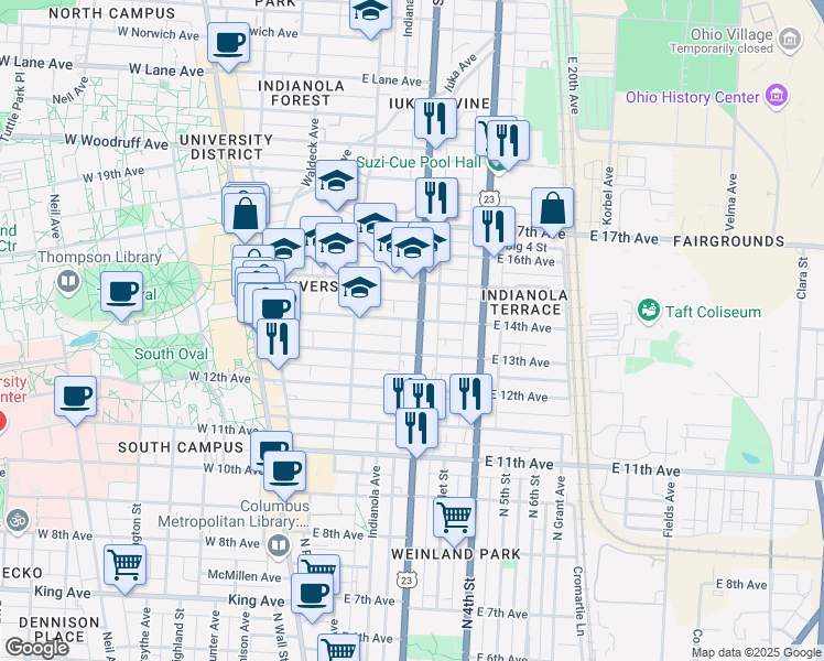 map of restaurants, bars, coffee shops, grocery stores, and more near 1770 Summit Street in Columbus