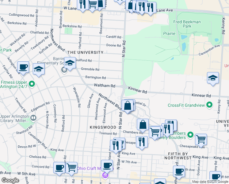 map of restaurants, bars, coffee shops, grocery stores, and more near 1518 Waltham Road in Upper Arlington