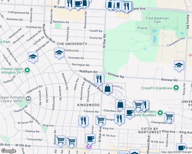map of restaurants, bars, coffee shops, grocery stores, and more near 1518 Waltham Road in Upper Arlington
