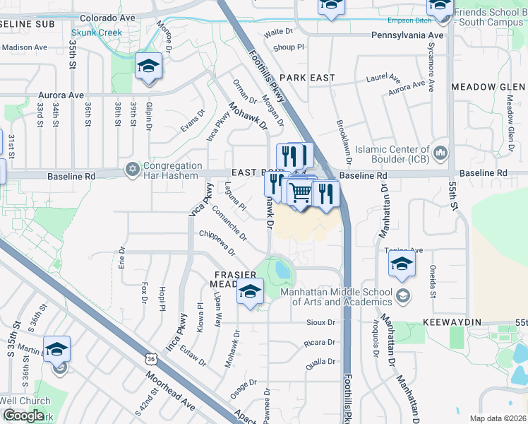 map of restaurants, bars, coffee shops, grocery stores, and more near 635 Mohawk Drive in Boulder