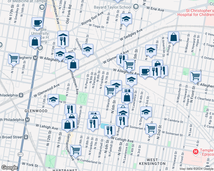 map of restaurants, bars, coffee shops, grocery stores, and more near 651 West Mayfield Street in Philadelphia