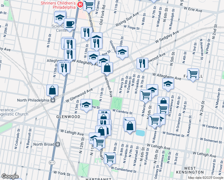 map of restaurants, bars, coffee shops, grocery stores, and more near 3027 Germantown Ave in Philadelphia