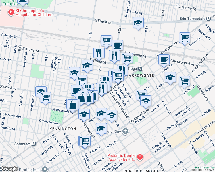 map of restaurants, bars, coffee shops, grocery stores, and more near 3319 Malta Street in Philadelphia