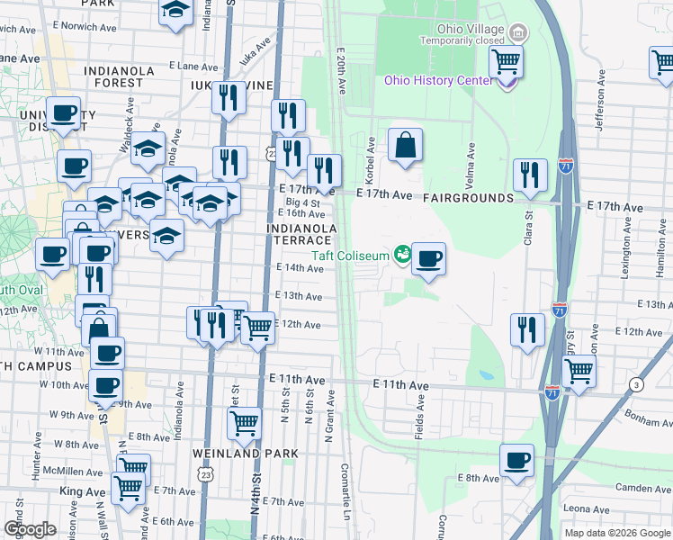 map of restaurants, bars, coffee shops, grocery stores, and more near East 14th Avenue in Columbus