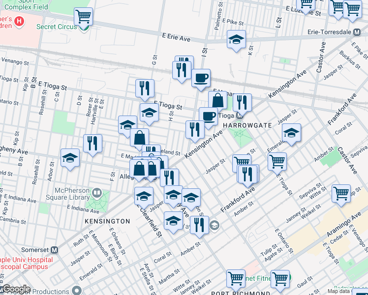 map of restaurants, bars, coffee shops, grocery stores, and more near 3319 Malta Street in Philadelphia