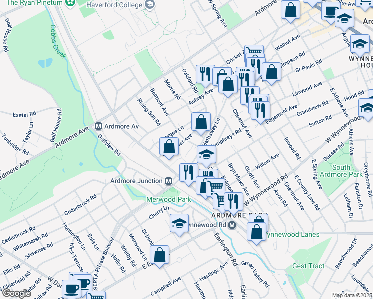 map of restaurants, bars, coffee shops, grocery stores, and more near 2715 Belmont Avenue in Ardmore
