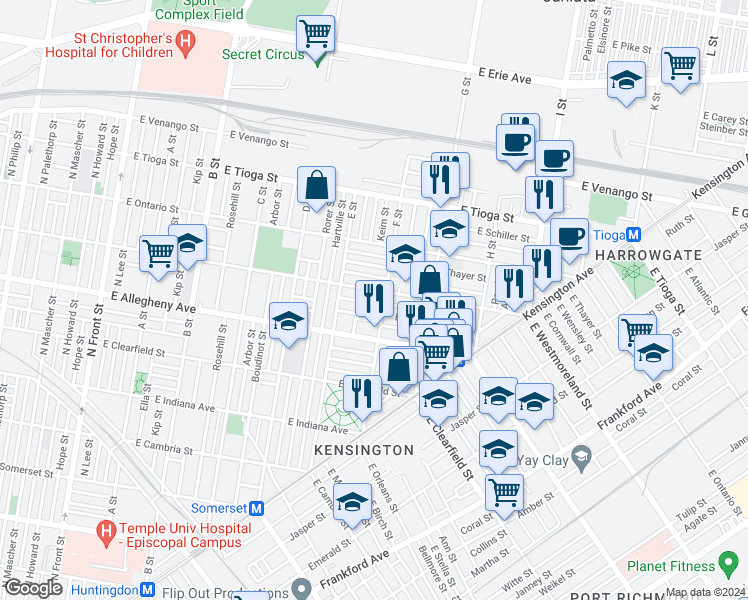 map of restaurants, bars, coffee shops, grocery stores, and more near 3255 Keim Street in Philadelphia