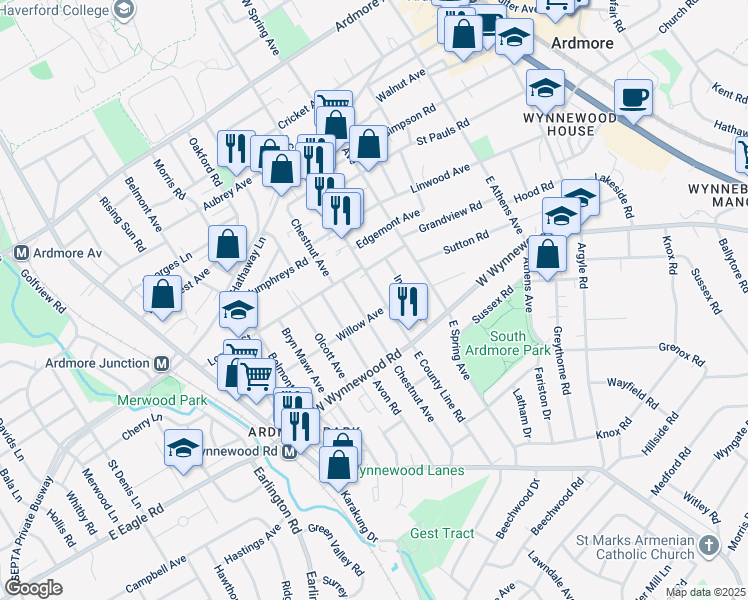 map of restaurants, bars, coffee shops, grocery stores, and more near 2510 East County Line Road in Ardmore