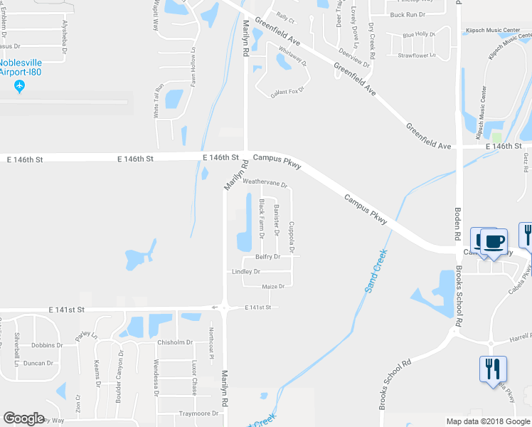 map of restaurants, bars, coffee shops, grocery stores, and more near 14398 Black Farm Drive in Noblesville