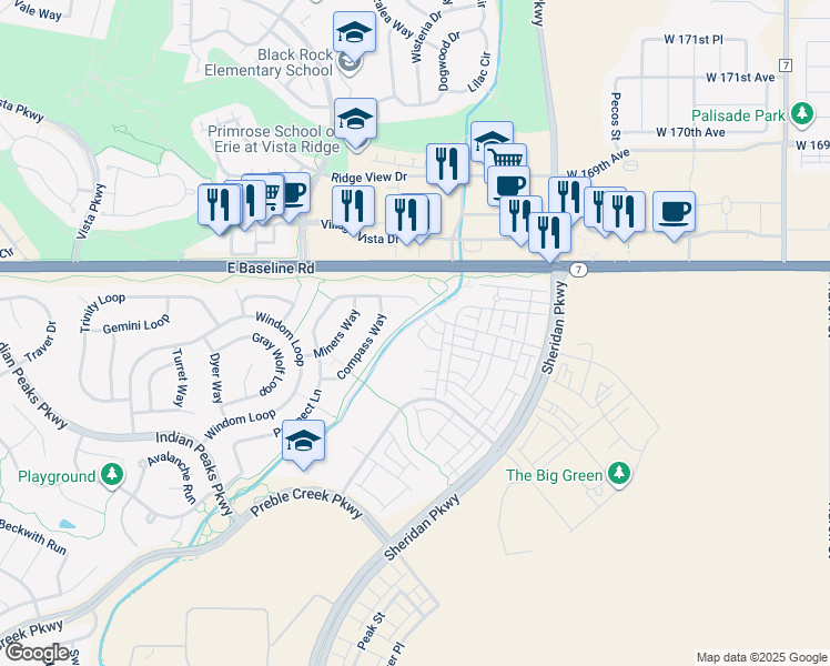 map of restaurants, bars, coffee shops, grocery stores, and more near 2454 West 167th Lane in Broomfield