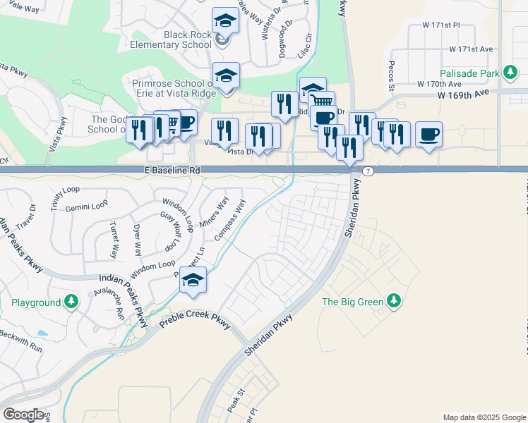 map of restaurants, bars, coffee shops, grocery stores, and more near 2454 West 167th Lane in Broomfield