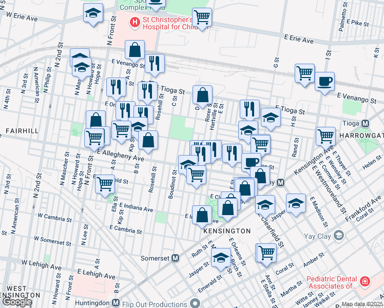 map of restaurants, bars, coffee shops, grocery stores, and more near 502 East Willard Street in Philadelphia
