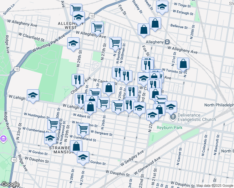 map of restaurants, bars, coffee shops, grocery stores, and more near 2819 North Stillman Street in Philadelphia