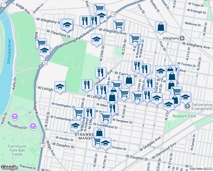 map of restaurants, bars, coffee shops, grocery stores, and more near 2766 North 28th Street in Philadelphia