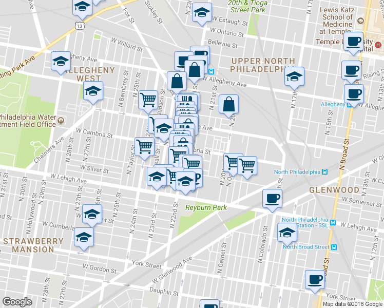 map of restaurants, bars, coffee shops, grocery stores, and more near 2858 North Van Pelt Street in Philadelphia
