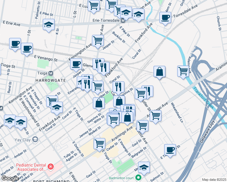 map of restaurants, bars, coffee shops, grocery stores, and more near 2155 Castor Avenue in Philadelphia