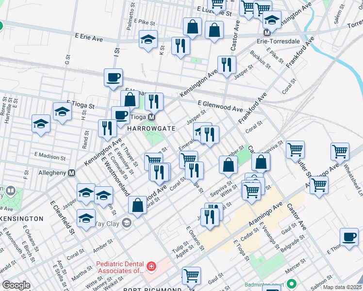 map of restaurants, bars, coffee shops, grocery stores, and more near 3524 Emerald Street in Philadelphia