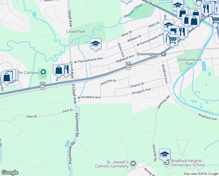map of restaurants, bars, coffee shops, grocery stores, and more near 209 Valley View Lane in Downingtown