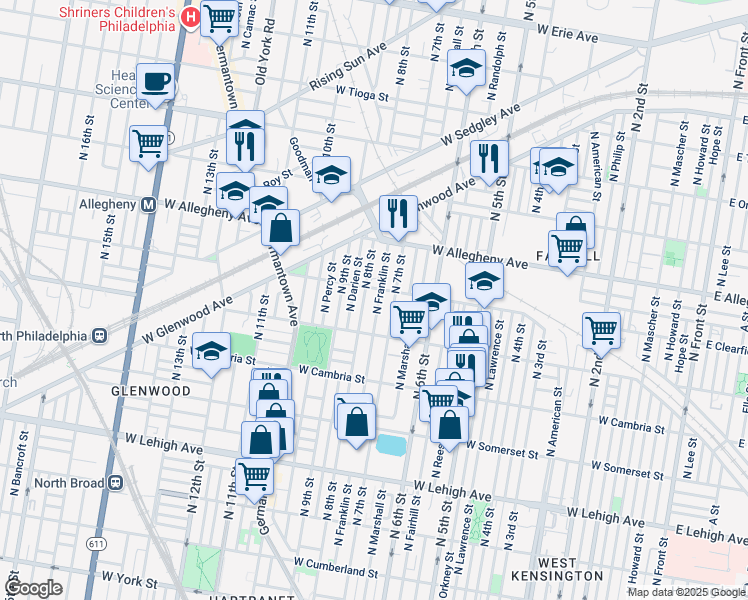 map of restaurants, bars, coffee shops, grocery stores, and more near 3044 North Franklin Street in Philadelphia