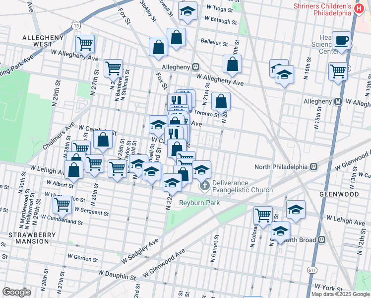 map of restaurants, bars, coffee shops, grocery stores, and more near 2858 North Van Pelt Street in Philadelphia