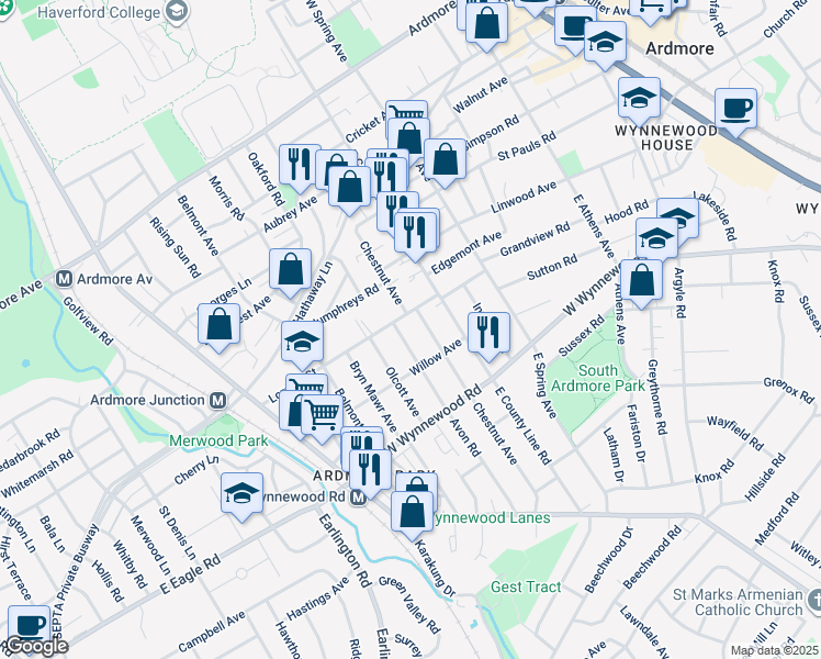 map of restaurants, bars, coffee shops, grocery stores, and more near 2529 Avon Road in Ardmore