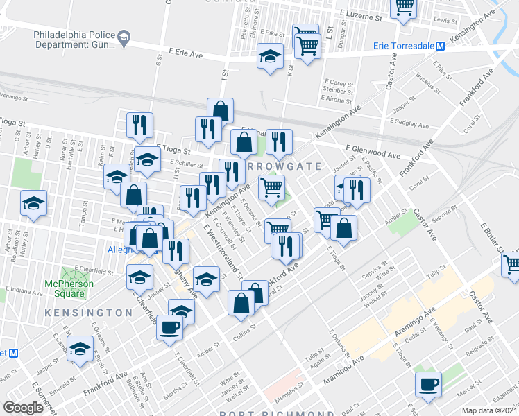map of restaurants, bars, coffee shops, grocery stores, and more near 1844 East Russell Street in Philadelphia