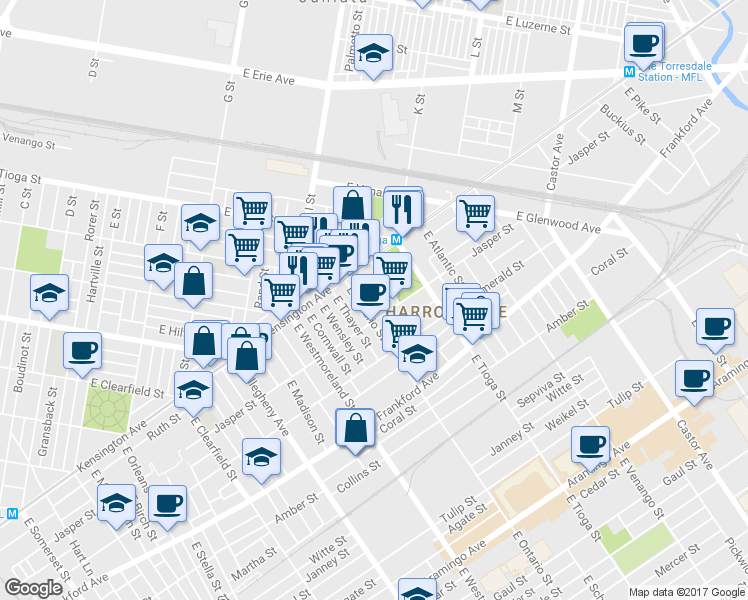 map of restaurants, bars, coffee shops, grocery stores, and more near 1842 East Russell Street in Philadelphia