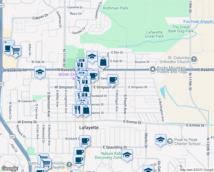 map of restaurants, bars, coffee shops, grocery stores, and more near 310 East Geneseo Street in Lafayette