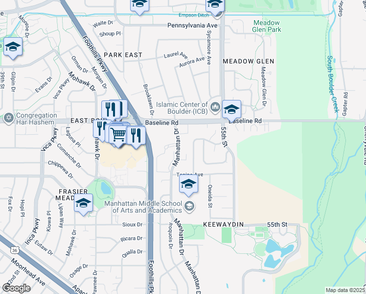 map of restaurants, bars, coffee shops, grocery stores, and more near in Boulder