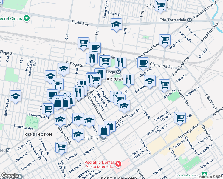 map of restaurants, bars, coffee shops, grocery stores, and more near 1842 East Russell Street in Philadelphia