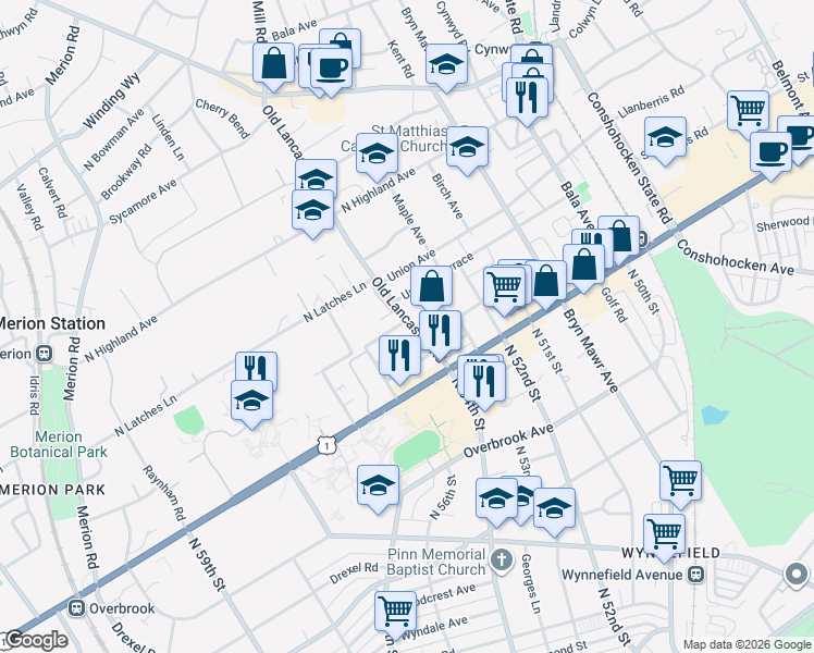 map of restaurants, bars, coffee shops, grocery stores, and more near 33 Old Lancaster Road in Bala Cynwyd