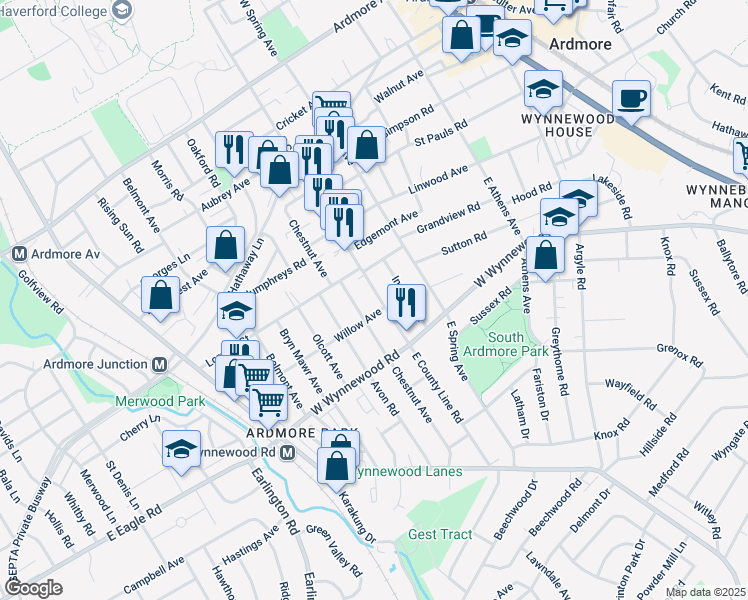 map of restaurants, bars, coffee shops, grocery stores, and more near 315 East County Line Road in Ardmore